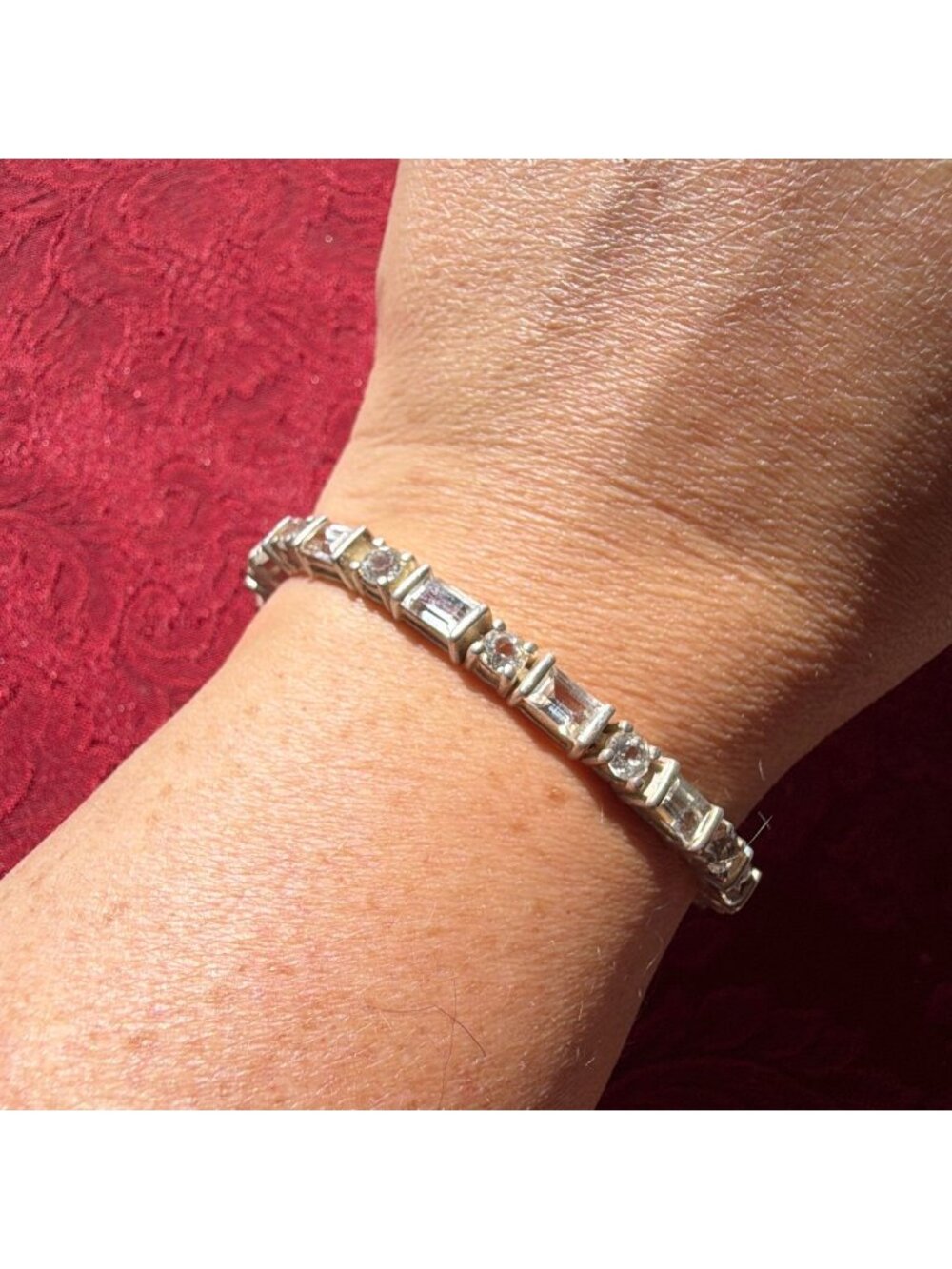 Vintage 925 Sterling Silver White Topaz Tennis Bracelet 7.75" Baguette Round Cut
